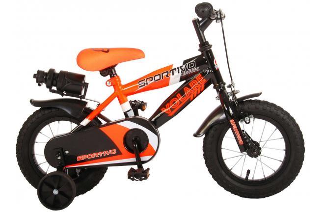 Neon orange and black 12 inch Volare Sportivo Kinderfiets for boys, with adjustable saddle and handlebar, safety features, and 95% pre-assembly for easy set-up at Fitmarktnl