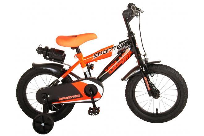 Volare Sportivo 14 inch jongensfiets in neon oranje en zwart, 95% afgemonteerd met gesloten kettingkast, reflectoren, bidonhouder, terugtraprem, handrem, en afneembare zijwieltjes