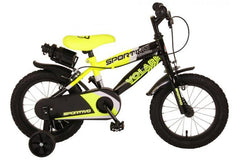Volare Sportivo 14 inch jongensfiets in neon geel en zwart met gesloten kettingkast, handremmen, afneembare zijwieltjes, bidonhouder, verstelbaar zadel en stuur, en 95% afgemonteerd