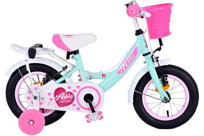 Volare Ashley 12 inch meisjesfiets in groen met twee handremmen, afneembare zijwieltjes, gesloten kettingkast, rieten mandje, verstelbaar zadel en stuur