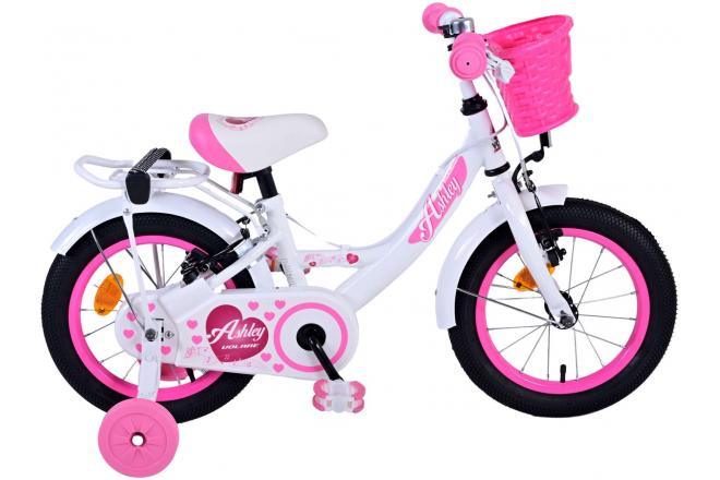 Volare Ashley 14 inch meisjesfiets in wit met twee handremmen, afneembare zijwieltjes, gesloten kettingkast, rieten mandje, en verstelbaar zadel