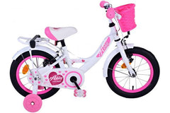Volare Ashley 14 inch meisjesfiets in wit met twee handremmen, afneembare zijwieltjes, gesloten kettingkast, rieten mandje, en verstelbaar zadel