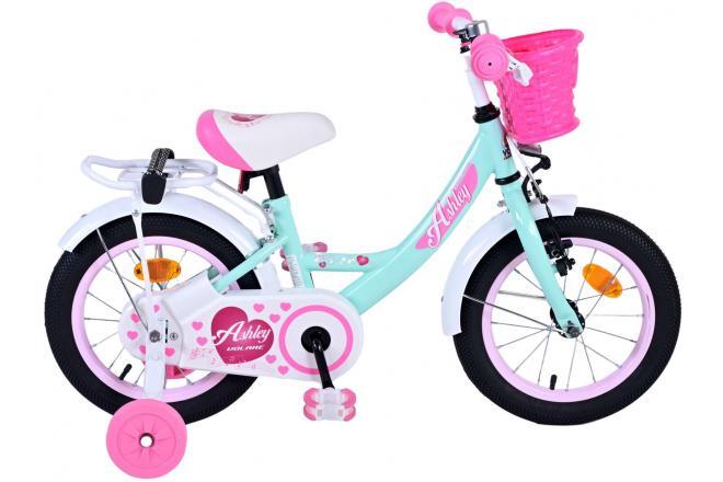 Volare Ashley 14 inch meisjesfiets - Groene kinderfiets met handrem, zijwieltjes, gesloten kettingkast, rieten mandje, verstelbaar zadel en stuur - Fitmarktnl