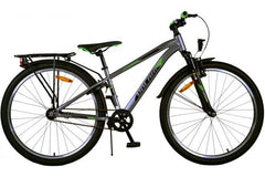 Product image of Volare Cross Kinderfiets - Jongens - 26 inch - Grijs, featuring handrem, terugtraprem, reflectoren, verlichting, comfort, zadel, standaard, slot, extra lange zadelpen, stoer design, veiligheid, comfort, duurzaamheid, accessoires, en betaalbare prijs