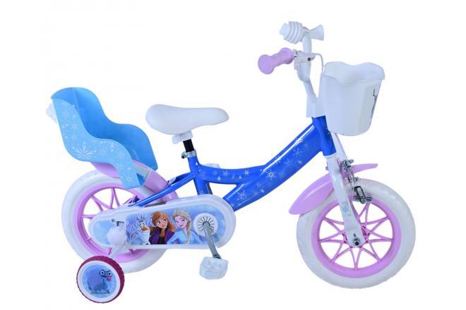 12 inch blauwe Disney Frozen meisjesfiets met stevig frame, afneembare zijwieltjes en betoverend Frozen-thema, verkrijgbaar bij Fitmarktnl voor peuters en kleuters