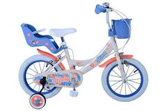 alt=Disney Stitch meisjesfiets (14 inch) met gesloten kettingkast, afneembare zijwieltjes, hoogwaardige materialen en betoverend ontwerp bij Fitmarktnl