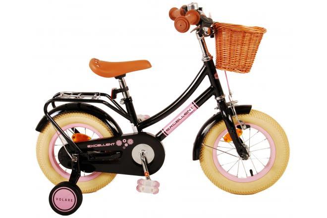 Volare Excellent 12 inch meisjesfiets in zwart met handrem, terugtraprem, zijwieltjes, reflectoren, bel, rieten mandje, verstelbaar zadel en stuur, en inclusief montagemateriaal