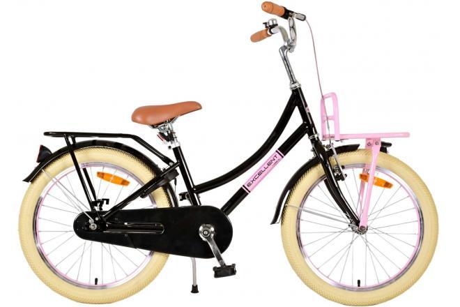 Volare Excellent 20 inch meisjesfiets in zwart met hand- en terugtraprem, verlichting, verstelbaar zadel en stuur, voordrager en achterdrager, gesloten kettingkast, comfortabel zacht zadel, veilig en duurzaam, perfect voor avontuurlijke meisjes bij Fitmarktnl