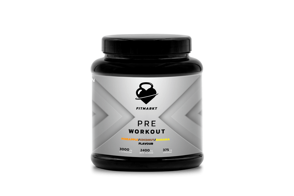 300g tropical pre-workout powder with pineapple, coconut, and banana flavors