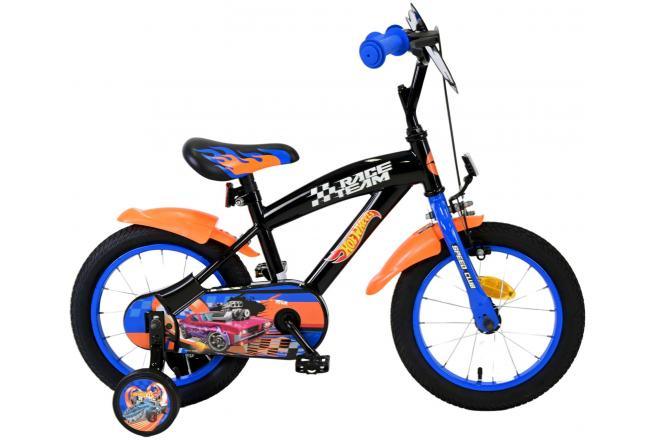 Hot Wheels Kinderfiets 14 Inch - Stoere Jongensfiets Zwart, Oranje & Blauw: Officieel gelicentieerd, veilig, verstelbaar, met zijwieltjes en reflectoren