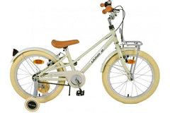 Volare Melody 18 inch meisjesfiets in zandkleur met aluminium frame, handremmen, reflectoren, voordrager, zijwieltjes, standaard en verstelbaar stuur en zadel