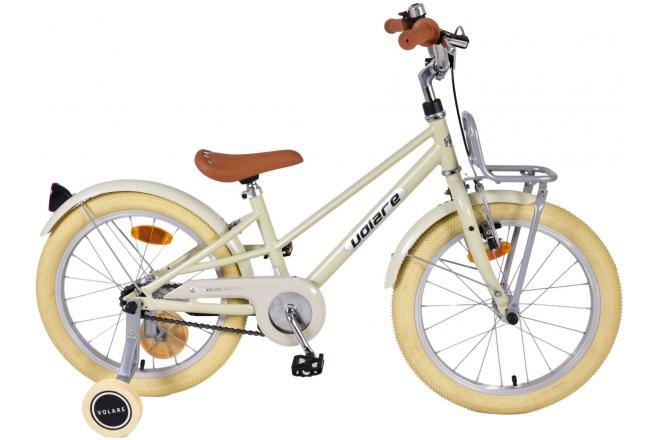 Volare Melody 18 inch meisjesfiets in zandkleur met handrem, terugtraprem, reflectoren, voordrager, zijwieltjes, standaard, verstelbaar stuur en zadelpen, comfortabele handvaten, en trendy design bij Fitmarktnl
