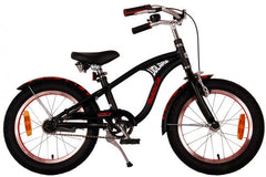 Mat zwarte jongensfiets van 16 inch met handrem, terugtraprem en reflectoren