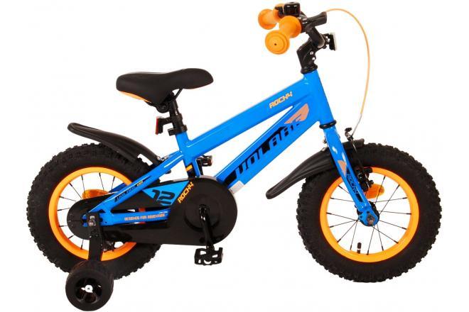 Volare Rocky 12 inch kinderfiets voor jongens in blauw, met handrem, terugtraprem, gesloten kettingkast, afneembare zijwieltjes, zacht zadel, strak frame, luxe spatborden, en montagemateriaal inbegrepen