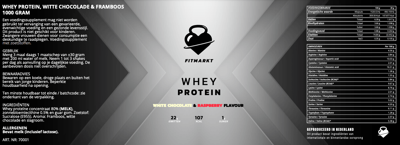 Whey Protein Witte Chocola &amp; Framboos 1000g - Hoog Eiwitgehalte en Heerlijke Smaakcombinatie voor Gewichtsbeheersing bij Fitmarktnl