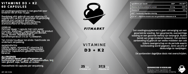 Fitmarkt Vitamine D3 + K2 capsules for cardiovascular health and vitality
