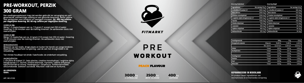 FitMarkt Pre-Workout Perzik 300g - Verbeterde focus voor maximale prestaties