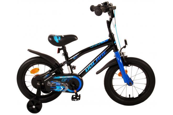 Jongensfiets Volare Super GT 14 inch in blauw met handrem, terugtraprem, gesloten kettingkast, afneembare zijwieltjes, reflectoren, verstelbaar zadel en stuur, tijdloos design, hoogwaardig frame, en montagemateriaal inclusief