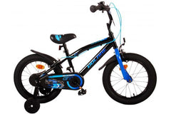 Blauwe Volare Super GT 16 inch jongensfiets met handremmen, gesloten kettingkast, zijwieltjes, reflectoren, verstelbaar zadel en stuur, veilig en comfortabel, verkrijgbaar bij Fitmarktnl