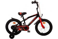 Volare Super GT 16 inch jongensfiets met handrem, terugtraprem, gesloten kettingkast, afneembare zijwieltjes, reflectoren, verstelbaar zadel en stuur, en tijdloos design in rood en zwart