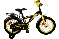 Volare Thombike 14 inch jongensfiets in zwart en geel met handrem, terugtraprem, zijwieltjes, gesloten kettingkast, bel, zacht zadel, verstelbaar stuur en zadel, en extra lange spatborden