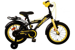Volare Thombike 14 inch jongensfiets in zwart en geel met handremmen, gesloten kettingkast, en afneembare zijwieltjes