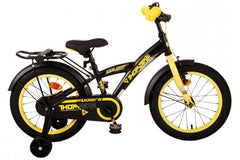 Volare Thombike 16 inch jongensfiets in zwart geel met handrem, terugtraprem, gesloten kettingkast, afneembare zijwieltjes, bel, zacht zadel, verstelbaar stuur en comfortabel ontwerp
