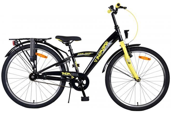 Volare Thombike Kinderfiets - Jongens - 24 inch - Zwart Geel - Veilige en comfortabele zwarte jongensfiets met gele accenten, handrem, terugtraprem, verlichting, zacht zadel, verstelbaar stuur en lange zadelpen
