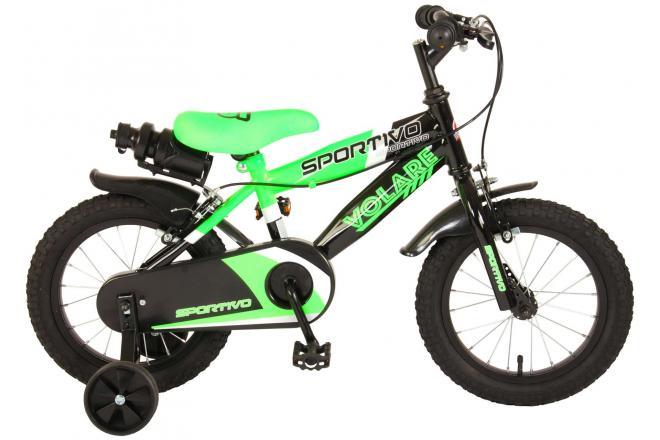 Jongensfiets Volare Sportivo 14 inch met neon groen en zwart ontwerp, handremmen, afneembare zijwieltjes, reflectoren en bidonhouder Hoogte verstelbaar zadel en stuur, 95% afgemonteerd